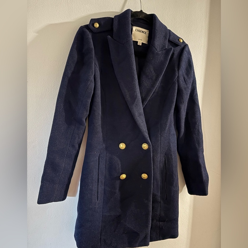 L'AGENCE Navy Pea Coat - military style -with Gold buttons - size 0 - wool blend
